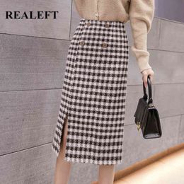 Autumn Winter Woolen Vintage Plaid Women Wrap Skirt Buttons Office Ladies High Waist Split Elegant Midi Skirts 210428