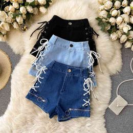 Summer casual denim shorts women high waist slim side straps wild zipper wide leg 210420