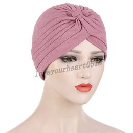 Fashion Bandanas Women Turban Muslim Hat Twist Hijab Bonnet Cap Dolid Color Indian Hat Pleated Design Headwear