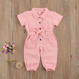 Meninas de verão rosa de manga curta denim jumpsuit cinto siamês calças moda leggings calças lapela crianças roupas infantis 210515