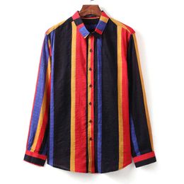 Mens Cotton Colourful Striped Long Sleeve Turndown Collar Casual Shirt Men Clothing camisa hombre FM253 210527