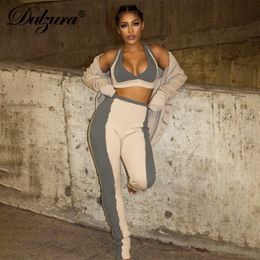 Dulzura Ribbed Knitted Women Patchwork 2 Piece Set V Neck Tanks Pants Bodycon Sexy Streetwear Sporty Casual 2021 Summer Outfit Y0625