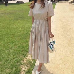 summer Korean female cool style elegant temperament drawstring waist pleated dress boutique single piece 210522