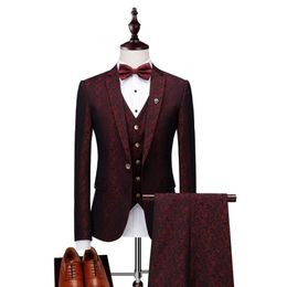 Plyesxale Men 3 Pieces Suit Floral Terno Masculino Slim Fit Mens Suits Designers 2021 Blue Burgundy Wedding Prom Wear Men's & Blazers