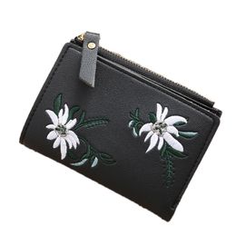 New Mini Cute Short Style Women Handbags Wallet Student Flower Embroidery Thin Zipper Pu High Quality Wallet Coin Purses