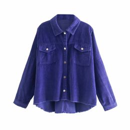 Women Purple Corduroy jacket coat turn down collar Ladies Long Sleeve loose oversize boy friend 4M52 210416