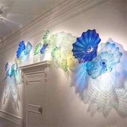 Murano Glass Flower Plate Nordic Wall Mount Lamp Mediterranean Sea Blue Colour Mouth Blown Lights Art Decorative Hanging Platters