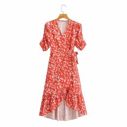 Casual Woman Red Irregular Sashes Print Dress Summer Fashion Ladies Puff Sleeve Long es Female V Neck Beach 210515