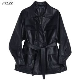 Spring Women Biker Jacket Big Pockets Oversized Design Pu Leather Elegant Tie Belt Waist Buttons Coats 210430