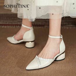 SOPHITINA Elegant Shoes Female Ruffles Buckle Pointed Toe Shoes Comfortable Thick-heeled Daily Dating Party Women's Pumps AO584 210513