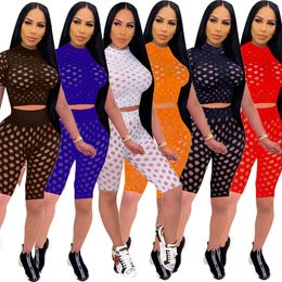 Women Sexy Hollow Tracksuits Perspective Slim Fashion Designers Mesh Clothes 2022 short Sleeved Pullover Sportswear Casual Two Piece Outfits