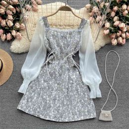 Vintage Long Sleeve Elegant Floral Print Mini Dress Women Romantic Bandage Lace Up Slim Party Ladies Sweet Robe Femme 210514
