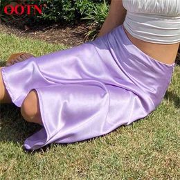 OOTN Casual Purple Satin Summer Skirts High Waist Women Long Office Ladies Elegant Solid Silk Midi Fashion 210619