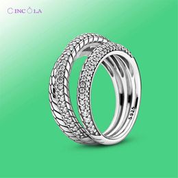 Sterling Silver Triple Band Pav Snake Chain Pattern Ring For Women infinite heart Women Original 925 Silver Brand Ring Jewelry X0715