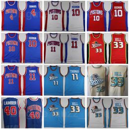 Retro Basketball Vintage 33 Grant Hill Jersey 11 Isiah Thomas 40 Bill Laimbeer 10 Dennis Rodman 4 Joe Dumars Blau Weiß Rot Beige