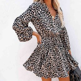 Leopard Print Shirt Dresses Women Long Sleeve v neck Dress Fashion Office Lady Sexy Dress Shirt A line party vestidos 210415