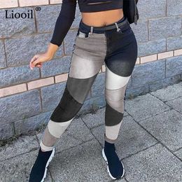 90s Color Block Boyfriend Skinny Jeans For Women Streetwear Black Blue Contrast Stitch High Waisted Pencil Pants Denim Trousers 211129