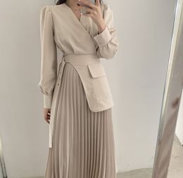 Women Spring Autumn V Neck Long Sleeve Elegant Korean Lady Office Slim A Line Draped Patchwork Casual Dresses Vestidos 210514