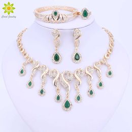 Gold Colour Crystal African Beads Jewellery Sets For Women Dress Accessories Wedding Bridal Necklace Earrings Bracelet Ring Sets H1022