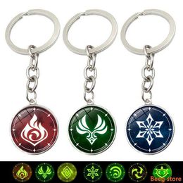 luminous genshin impact gods eye vision keychain glow in the dark glass metal keyring fashion anime trinket men car key chains G1019