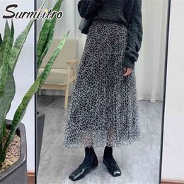 Autumn Winter Women Long Korean Style Leopard Mesh Tulle Pleated Maxi Skirt 210421