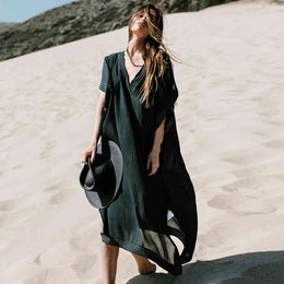 Long Beach Cover up Pareos de Playa Mujer Wear Plus size Bikini Robe Plage Sarong Black Tunic #Q701 210420
