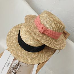 2021 Fashion Summer Women Wide Brim Straw Hat with ribbon Chapeau Lady Sun Hats Boater Wheat Panama Beach Caps Holiday