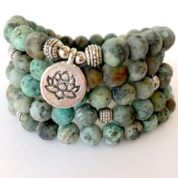 MG1359 8 mm Matte African Turquoise Gemstone 108 Mala Bracelet Women`s Spiritual Balance Bracelet Lotus Yoga Mala Beads Jewelry