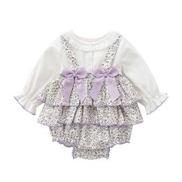 Baby Purple Floral Rompers Toddler Girls 1st Birthday Party Outfits Infant Vintage Spain Jumpsuit born Bow Lace 210615