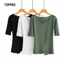 Toppies Women Asymetical T-shirts Sexy U-collar Tops Solid Colour Ruffles Hem Female Slim T-shirts 210412