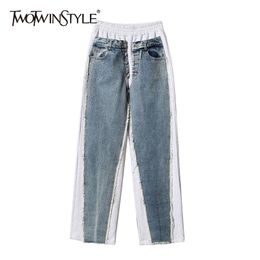 patchwork denim wide leg pants for women high waist hit color casual loose jeans female fashion clothing 210521