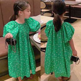 Children's Floral Dress Summer Girls Puff Sleeve Pastoral Style 2-7 Y Baby Kids Fashion Clothing 210625