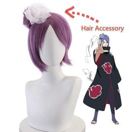 Anime Akatsuki Konan Purple Wig Cosplay Heat Resistant Hair + Wig Cap + Hair Accessory Halloween Party Role Play Props Y0903