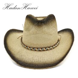 Cloches 2021 Black Paint Spraying Paper Straw Cowboy Hats For Men Women Wide Brim Panama Style Jazz Cap Summer Beach Hat Sunhat