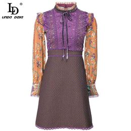 Summer Polka Dots Print Dress Fashion Designer Women Bow tie Elegant Lace Patchwork Embroidery Vintage Mini 210522