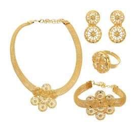 Gold Color Flower Wedding Jewelry Sets For Women African Bridal Necklace Bracelet Earrings Ring Saudi Arabia Jewellery