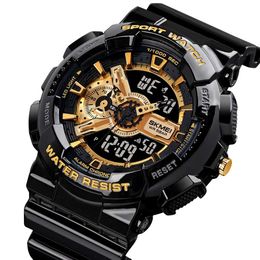 SKMEI LED Digital Shock Männer Analog Quarz Schwarz Gold Elektronische Armbanduhr Masculino G Stil Wasserdichte Kunststoff Sport Uhr