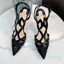 Fashion-Casual Designer sexy lady fashion women shoes Black leather Mesh Criss-Cross strappy pointy toe stiletto High heels Prom