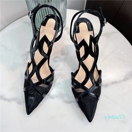 Moda-casual Designer Sexy Lady Moda Mulheres Sapatos de Couro Preto Mesh Criss-Cross Stilty Toe Stiletto High Saltos Prom