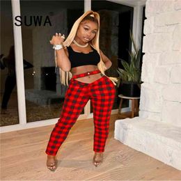 Spring Autumn Women Plaid High Waist Trousers Ladies Checked Slim Fit Ankle-Length Zipper Straight Pants Wholesale K-POP Style 210525