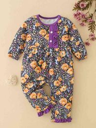 Baby Floral Print Ruffle Trim Fake Button Jumpsuit SHE
