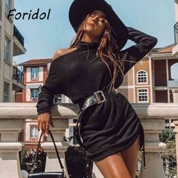 Spring Casual Cold Shoulder Black Dress Women Long Sleeve Mini Dress Rushed Sexy Club Party Vestido Feminino Autumn 210415