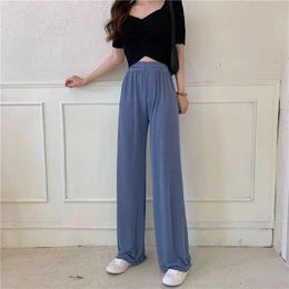 2021 Women's Summer Pants Soft Ice Silk Ankle-Length Wide Leg Pants Women Loose High Waisted Trousers Solid Comfort Casual Pants Q0801