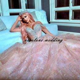 Princess Pink Quinceanera Dress Off the Shoulder Sparkly Beads Ceystal Costume Prom Party Wear Princessa Sweet 15 Dress