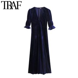 TRAF Women Elegant Fashion With Buttons Velvet Midi Dress Vintage Puff Sleeve Back Zipper Female Dresses Vestidos 210415