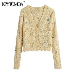 KPYTOMOA Women Fashion Floral Embroidery Cropped Knitted Cardigan Sweater Vintage Long Sleeve Female Outerwear Chic Tops 210922