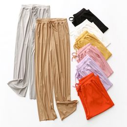 Mulheres largas perna longa calças com bolsos verão casual soft gelado de seda larga perna elástica cintura calças 210524