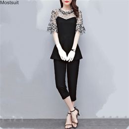 Summer Elegant Two Piece Set For Women Plus Size 5xl Mesh Tunic Tops And Calf-length Pants Suit Korean Fashion Outfits OL 210513