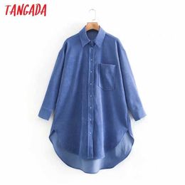 Tangada Women Retro Oversized Corduroy Long Shirt Boyfriend Style Long Sleeve Chic Female Casual Loose Tops XN142 210609