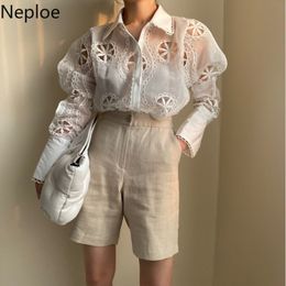 Neploe Blusas Mujer De Moda Korean Chic Vintage Heavy Hollow Out Blouses Women Turn-down Collar Temperament Shirt Tops 210422